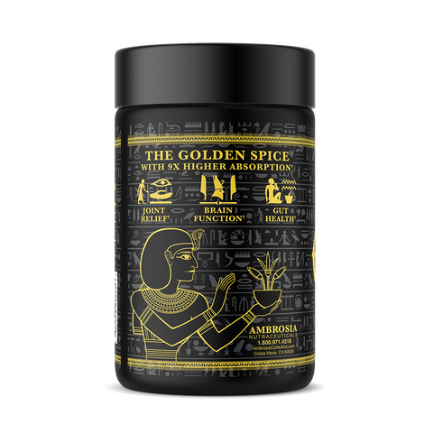 Bottle left. The golden spice with 9x higher absorption*. Joint relief*. Brain function*. Gut health*. Ambrosia nutraceuticals.
