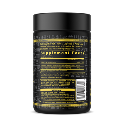 Suggested use: take 2 capsules of Ambrosia Golden alongside your last meal of the day or as directed by your healthcare professional. Supplement facts. Serving size: 2 capsules. Servings per container: 30. Vitamin C (as ascorbic acid) 90mg 100%. Hydrocurc Curcuma longa extract (765mg Curcuminoids) 900mg **.